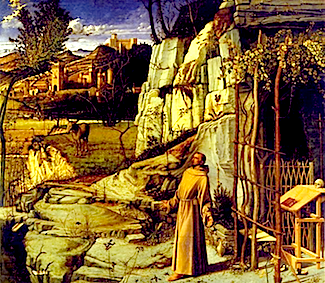 http://en.wikipedia.org/wiki/File:Bellini,_Giovanni_~_St_Francis_in_the_Desert,_c1480,_Tempera_and_oil_on_panel_Frick_Collection,_New_York.jpg