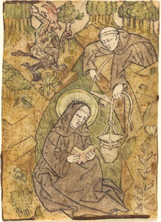 Master of St. Wolfgang (Austrian, active c. 1440/1450 ), Saint Benedict and the Monk Romanus, c. 1440/1450, hand-colored engraving on (vellum?), Rosenwald Collection. Courtesy of the National Gallery of Art.
