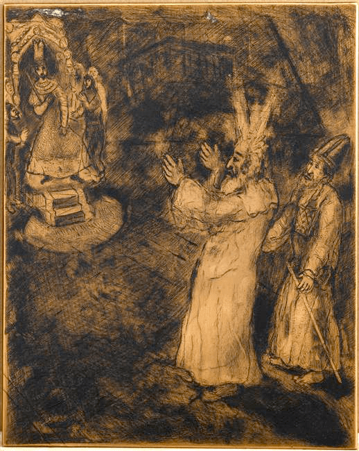 Moses and his brother come to Pharaoh and claim the freedom for the people of Israel (Exodus, V, 1-4) by March Chagall (1931). 